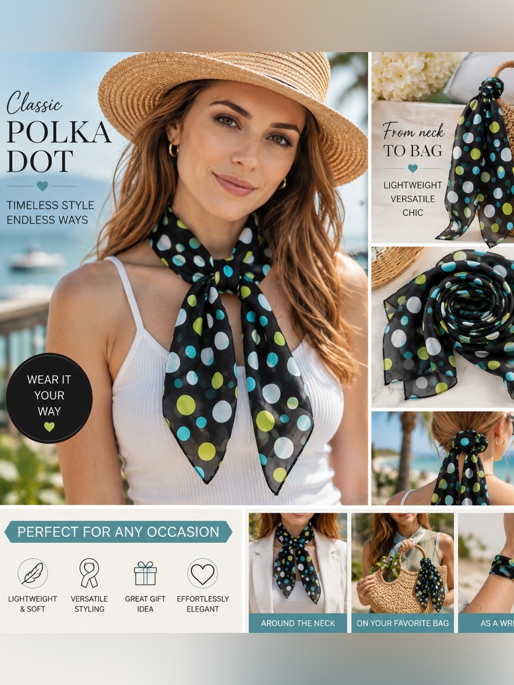 Polka Dot Neck Scarf or Bag Scarf